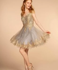 Elizabeth K - GS2403 Gold Lace Applique Tulle Cocktail Dress 27 Elizabeth K - GS2403 Gold Lace Applique Tulle Cocktail Dress