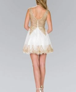 Elizabeth K - GS2403 Gold Lace Applique Tulle Cocktail Dress 28 Elizabeth K - GS2403 Gold Lace Applique Tulle Cocktail Dress