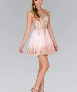 Elizabeth K - GS2403 Gold Lace Applique Tulle Cocktail Dress 18 Elizabeth K - GS2403 Gold Lace Applique Tulle Cocktail Dress