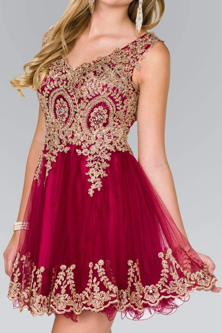 Elizabeth K - GS2403 Gold Lace Applique Tulle Cocktail Dress 7 Elizabeth K - GS2403 Gold Lace Applique Tulle Cocktail Dress