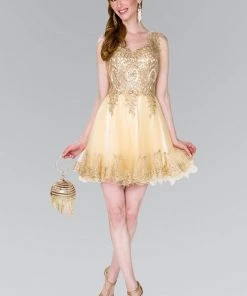 Elizabeth K - GS2403 Gold Lace Applique Tulle Cocktail Dress 22 Elizabeth K - GS2403 Gold Lace Applique Tulle Cocktail Dress