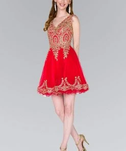 Elizabeth K - GS2403 Gold Lace Applique Tulle Cocktail Dress 25 Elizabeth K - GS2403 Gold Lace Applique Tulle Cocktail Dress