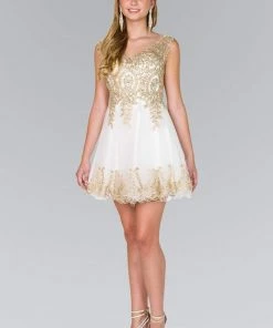 Elizabeth K - GS2403 Gold Lace Applique Tulle Cocktail Dress 29 Elizabeth K - GS2403 Gold Lace Applique Tulle Cocktail Dress