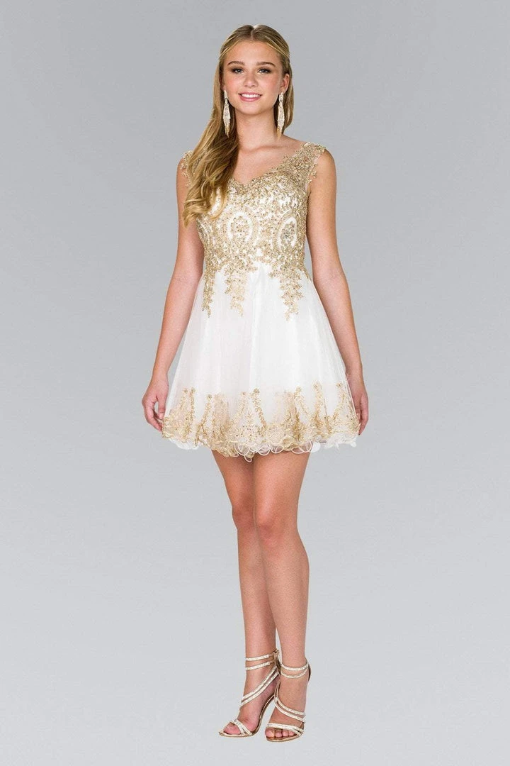 Elizabeth K - GS2403 Gold Lace Applique Tulle Cocktail Dress 16 Elizabeth K - GS2403 Gold Lace Applique Tulle Cocktail Dress