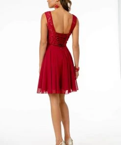 Elizabeth K - GS2807 Lace Bodice Corset Back Chiffon Dress