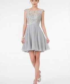 Elizabeth K - GS2807 Lace Bodice Corset Back Chiffon Dress