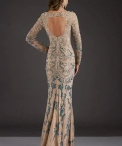 Feriani Couture - 18007 Long Sleeved Beaded Lace Sheath Gown