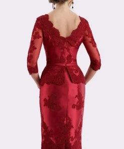 Feriani Couture - 18640 Quarter Sleeve Appliqued Peplum Sheath Dress