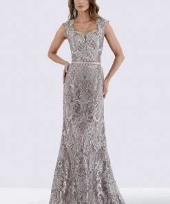 Feriani Couture - 18671 Cap Sleeve Square Neck Lattice Sheath Gown