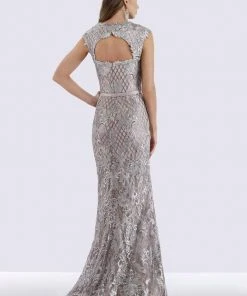 Feriani Couture - 18671 Cap Sleeve Square Neck Lattice Sheath Gown