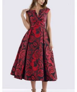 Feriani Couture - 18686 Floral Bateau Ruched Tea Length Dress