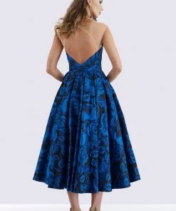 Feriani Couture - 18686 Floral Bateau Ruched Tea Length Dress