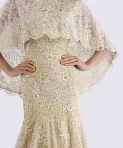 Feriani Couture - 18695 Lace Straight Neck Trumpet Dress With Cape