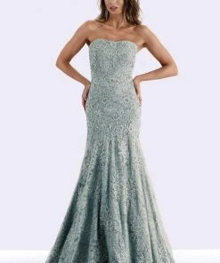 Feriani Couture - 18695 Lace Straight Neck Trumpet Dress With Cape