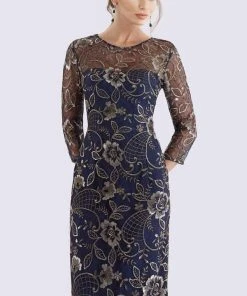 Feriani Couture - 18717 Quarter Length Sleeve Floral Lace Sheath Dress