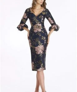 Feriani Couture - 18905SH Floral Detailed V-neck Sheath Dress