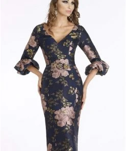 Feriani Couture - 18905SH Floral Detailed V-neck Sheath Dress