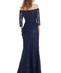 Feriani Couture - 18911 Off Shoulder Embroidered Sheath Silhouette Gown - 1 Pc Navy In Size 12 Available