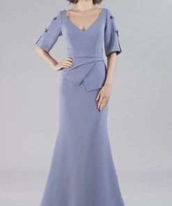 Gia Franco - 12102 V Neck Peplum Crepe Long Dress