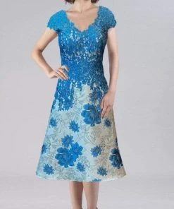 Gia Franco - 12111 V Neck Lace Tea Length Dress