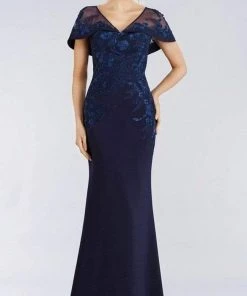 Gia Franco - 12955 Floral Embroidered Cape Sleeve Mermaid Gown