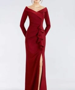 Gia Franco - 12957 Long Sleeve Ruffle Trimmed High Slit Gown