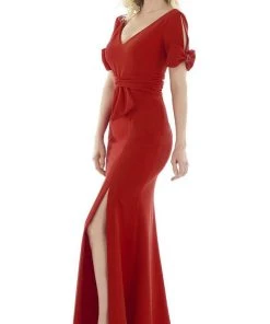 Gia Franco - 12989 Split Bow Short Sleeve High Slit Dress