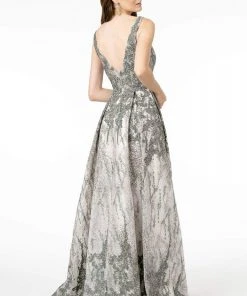 GLS By Gloria - GL1835 Embellished Deep V-Neck Pleated A-Line Dress 7 GLS By Gloria - GL1835 Embellished Deep V-Neck Pleated A-Line Dress