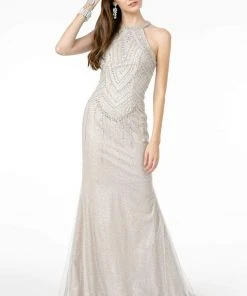 GLS By Gloria - GL1841 Embellished Halter Neck Trumpet Dress