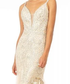 GLS By Gloria - GL1842 Plunging Beaded Metallic Tulle Trumpet Gown