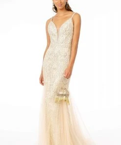 GLS By Gloria - GL1842 Plunging Beaded Metallic Tulle Trumpet Gown