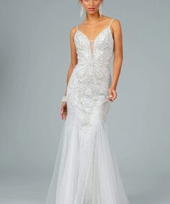 GLS By Gloria - GL1842 Plunging Beaded Metallic Tulle Trumpet Gown