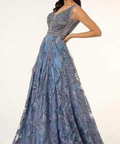 GLS By Gloria - GL1919 Beaded Metallic A-Line Dress