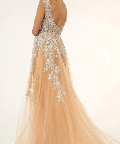 GLS By Gloria - GL1920 Beaded Embroidered Gown With Sheer Overskirt