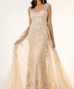 GLS By Gloria - GL1920 Beaded Embroidered Gown With Sheer Overskirt