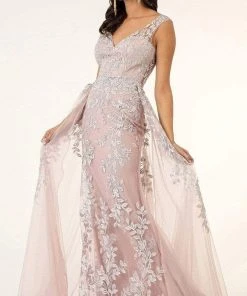 GLS By Gloria - GL1920 Beaded Embroidered Gown With Sheer Overskirt