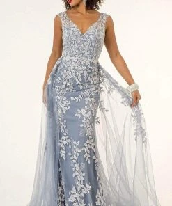 GLS By Gloria - GL1920 Beaded Embroidered Gown With Sheer Overskirt