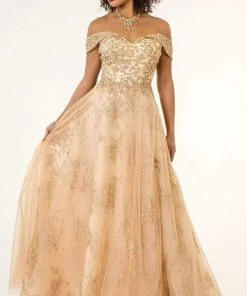 GLS By Gloria - GL1922 Off Shoulder Sweetheart Glitter Mesh Gown