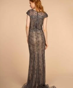 GLS By Gloria - GL2533 Jeweled Cap Sleeves Sheath Evening Gown