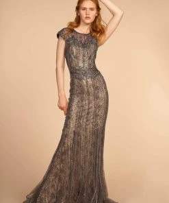 GLS By Gloria - GL2533 Jeweled Cap Sleeves Sheath Evening Gown