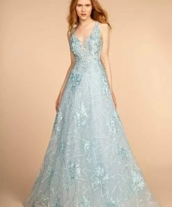 GLS By Gloria - GL2564 Floral Embroidered Illusion A-Line Gown