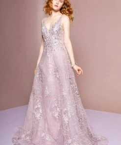 GLS By Gloria - GL2564 Floral Embroidered Illusion A-Line Gown