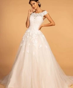 GLS By Gloria - GL2596 Scalloped Bateau Neck Lace Ballgown