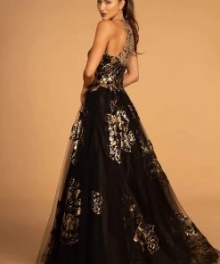 GLS By Gloria - GL2655 Gold Embellished Halter Evening Gown