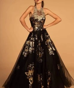 GLS By Gloria - GL2655 Gold Embellished Halter Evening Gown