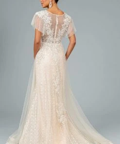 GLS By Gloria - GL2881 Sheer Flutter Sleeve Appliqued Overskirt Gown