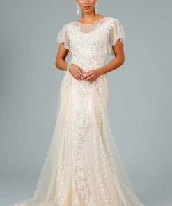 GLS By Gloria - GL2881 Sheer Flutter Sleeve Appliqued Overskirt Gown