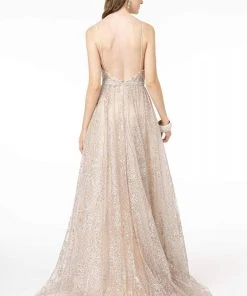 GLS By Gloria - GL2915 Deep V-Neck Glitter Mesh A-Line Dress