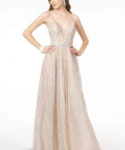 GLS By Gloria - GL2915 Deep V-Neck Glitter Mesh A-Line Dress