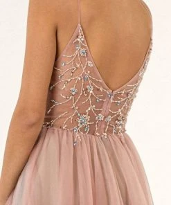 GLS By Gloria - GL2983 Embellished V Neck Mesh A-line Dress